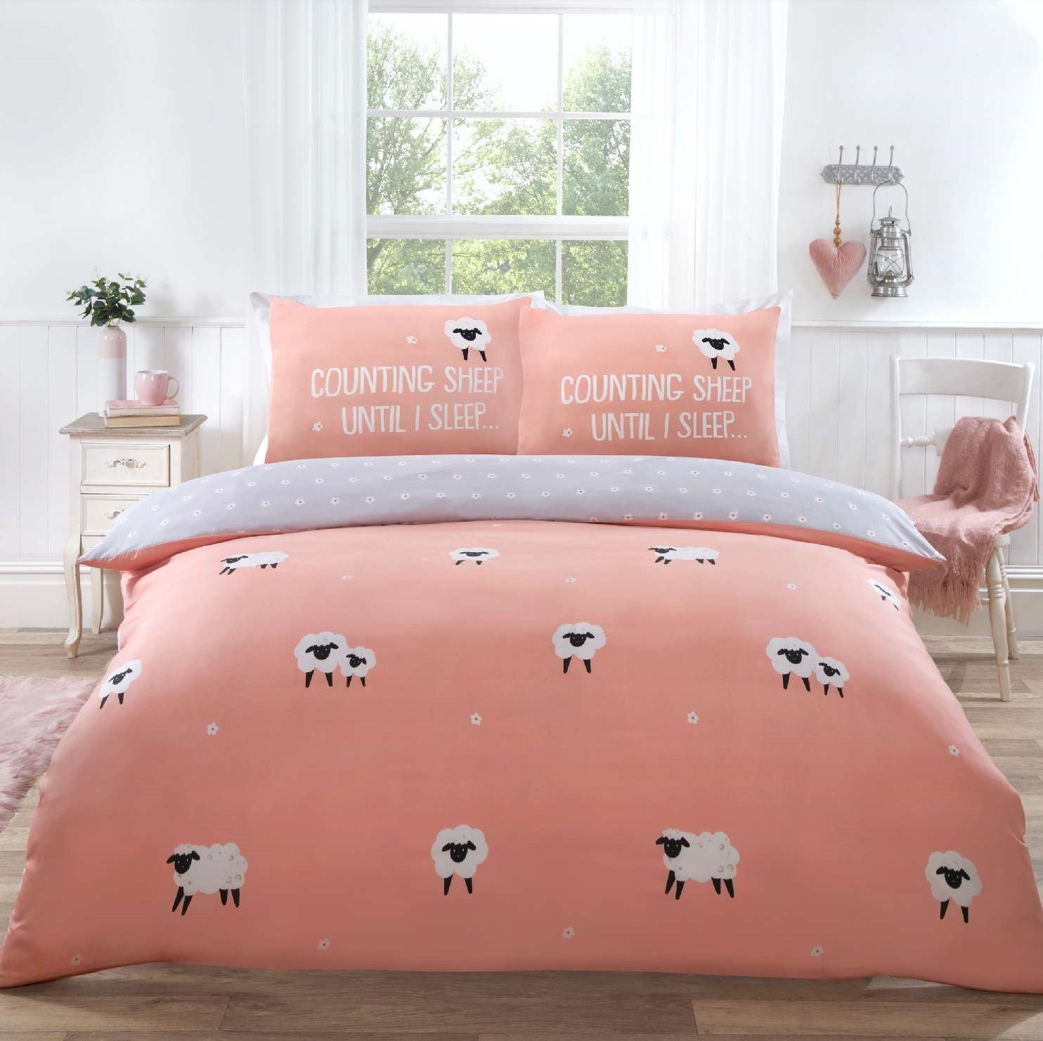 Farmyard Sheep Duvet Cover Set, Single, Blush & Grey
