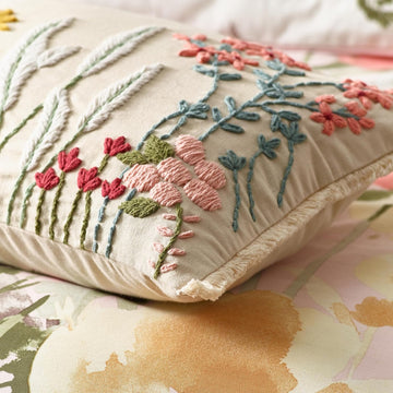 Catherine Lansfield Embroidered Countryside Floral Cushion, Natural