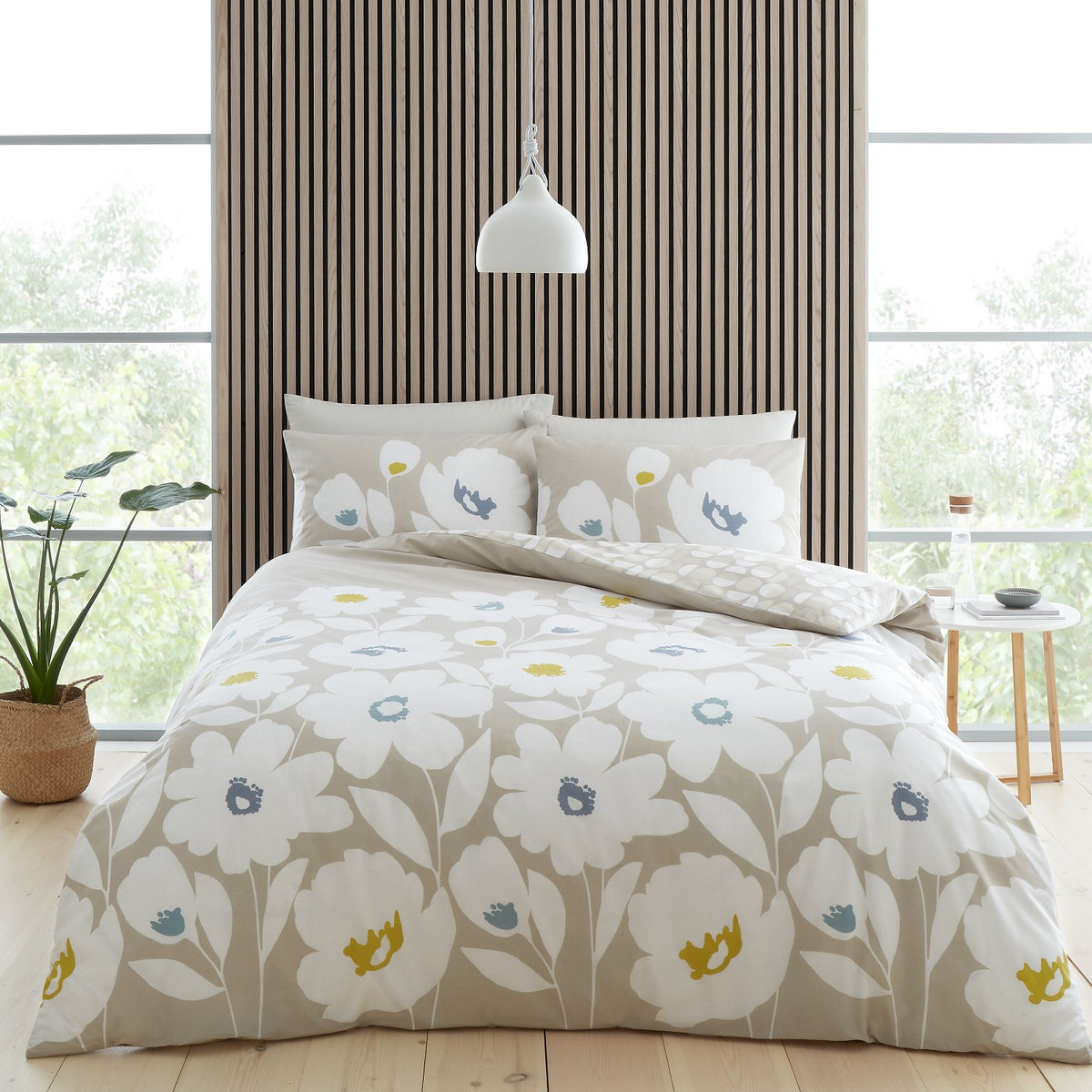 Catherine Lansfield Geometric Floral Duvet Cover Set, King, Natural
