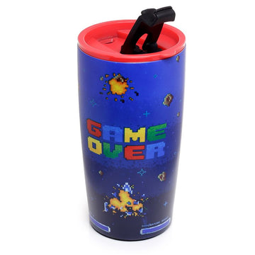 500ml Blue Thermal Flask Pixel Game Over Bottle Travel Mug