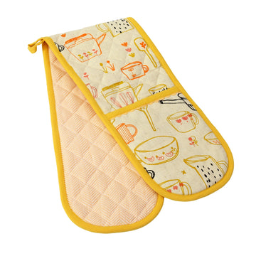 Cups Double Oven Gloves 100% Cotton, Yellow Ochre