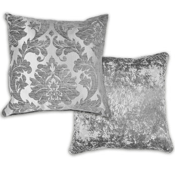 Damask Velvet Double Sided Filled Cushion - Silver Grey