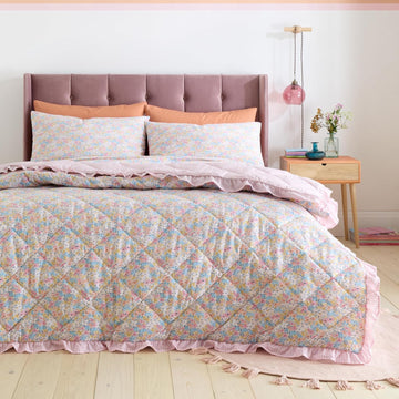Catherine Lansfield Darcy Floral Striped Quilted Bedspread, Pink