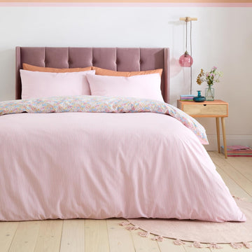 Catherine Lansfield Darcy Floral Stripe Duvet Cover Set, King, Pink