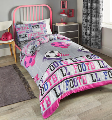 Pink & Grey Football Shoot Single Duvet Cover Set