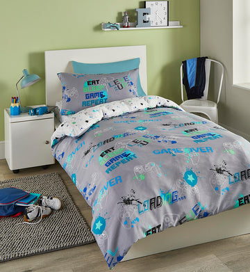 Game Gamer Gaming Duvet Cover Set, Grey, Single