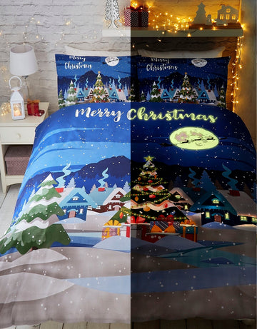 Glow In The Dark Christmas Tree & Santa Double Duvet Cover Set