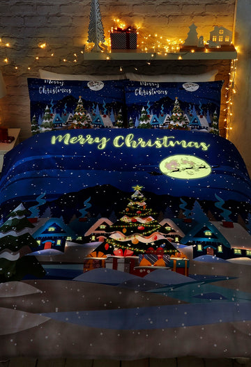 Glow In The Dark Christmas Tree & Santa Double Duvet Cover Set
