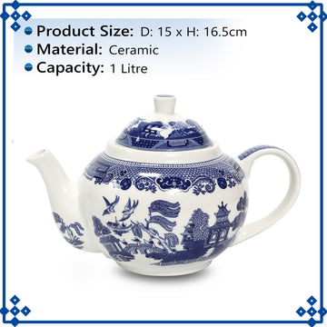 Ceramic Blue Willow 1 Litre Teapot