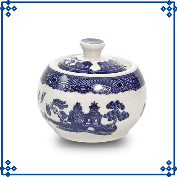 6pcs Willow Blue Porcelain Barrel Mugs & Antique Sugar Bowl