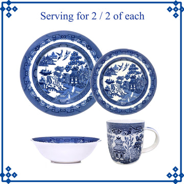 2-Serving Blue Willow Set Barrel Mug Dinner Side Plate Oatmeal Bowl