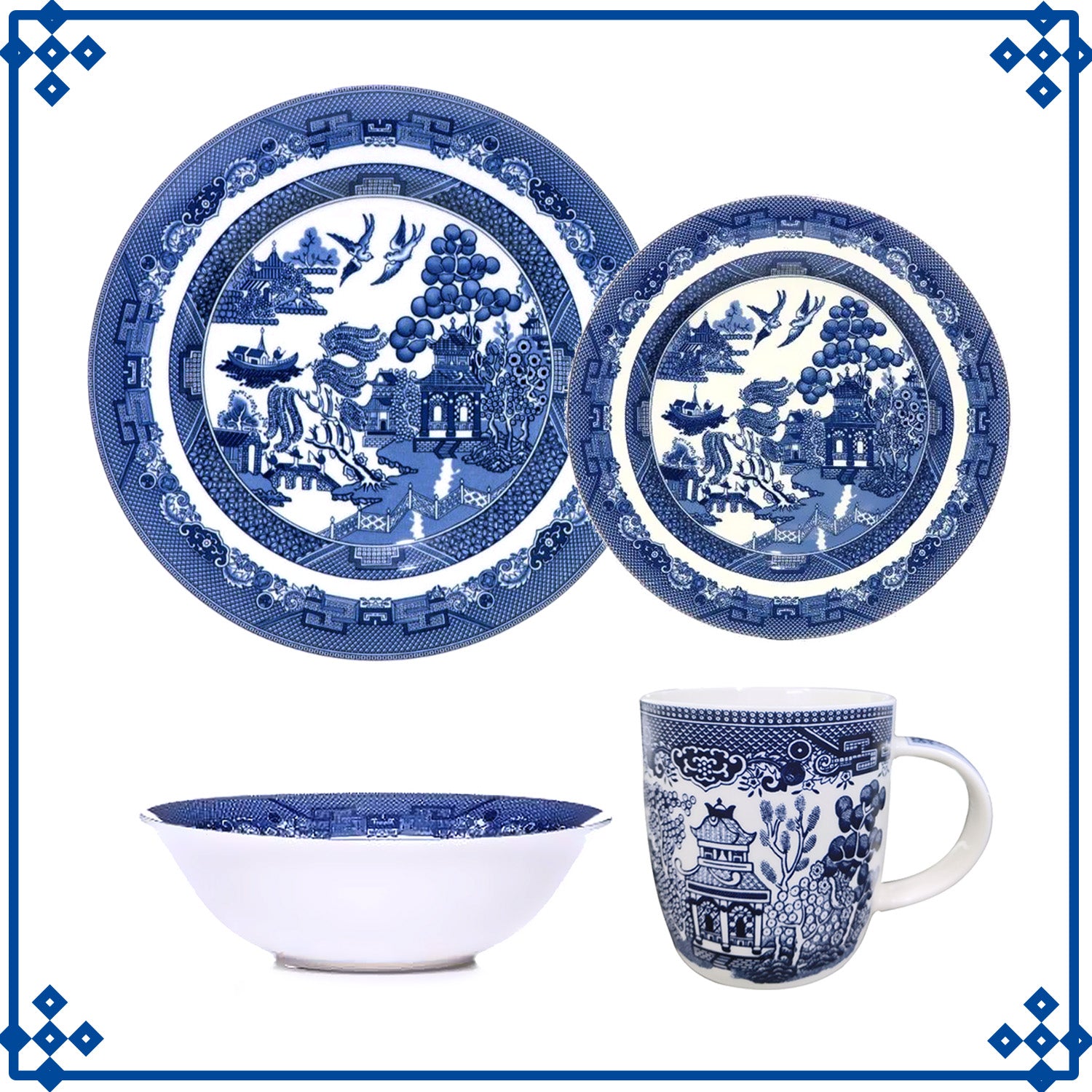 1-Serving Blue Willow Set Barrel Mug Dinner Side Plate Oatmeal Bowl
