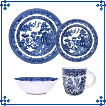 1-Serving Blue Willow Set Barrel Mug Dinner Side Plate Oatmeal Bowl