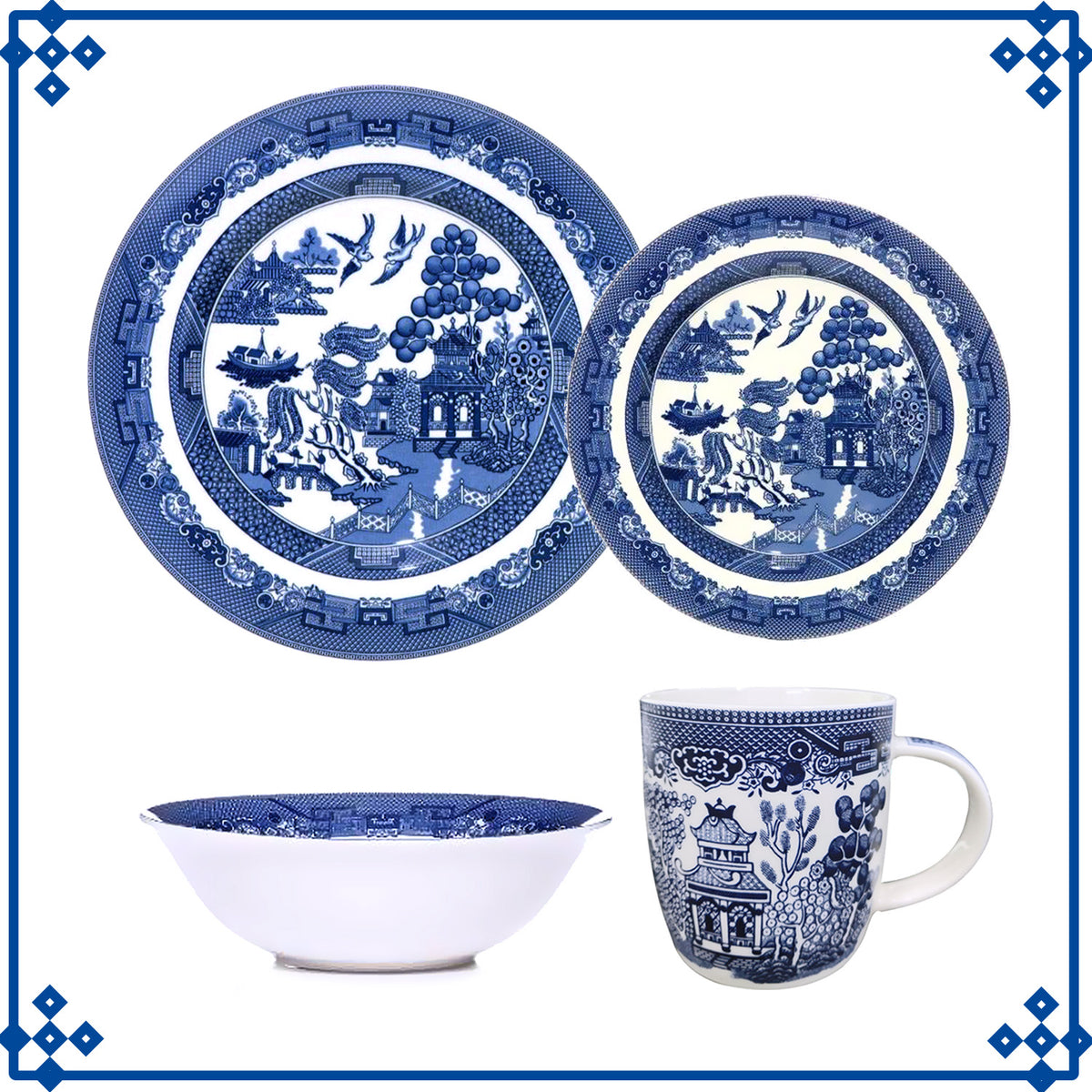 1-Serving Blue Willow Set Barrel Mug Dinner Side Plate Oatmeal Bowl