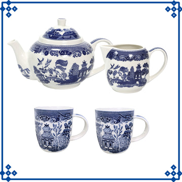 2-Serving Set Ceramic Blue Willow Mug Teapot