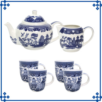 4-Serving Set Ceramic Blue Willow Mug Jugs Teapot