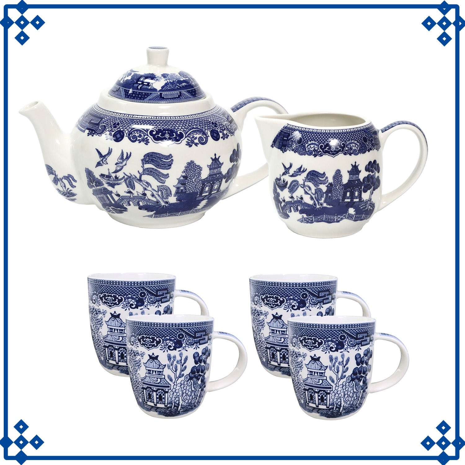 4-Serving Set Ceramic Blue Willow Mug Jugs Teapot