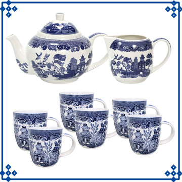 6-Serving Set Ceramic Blue Willow Mug Teapot