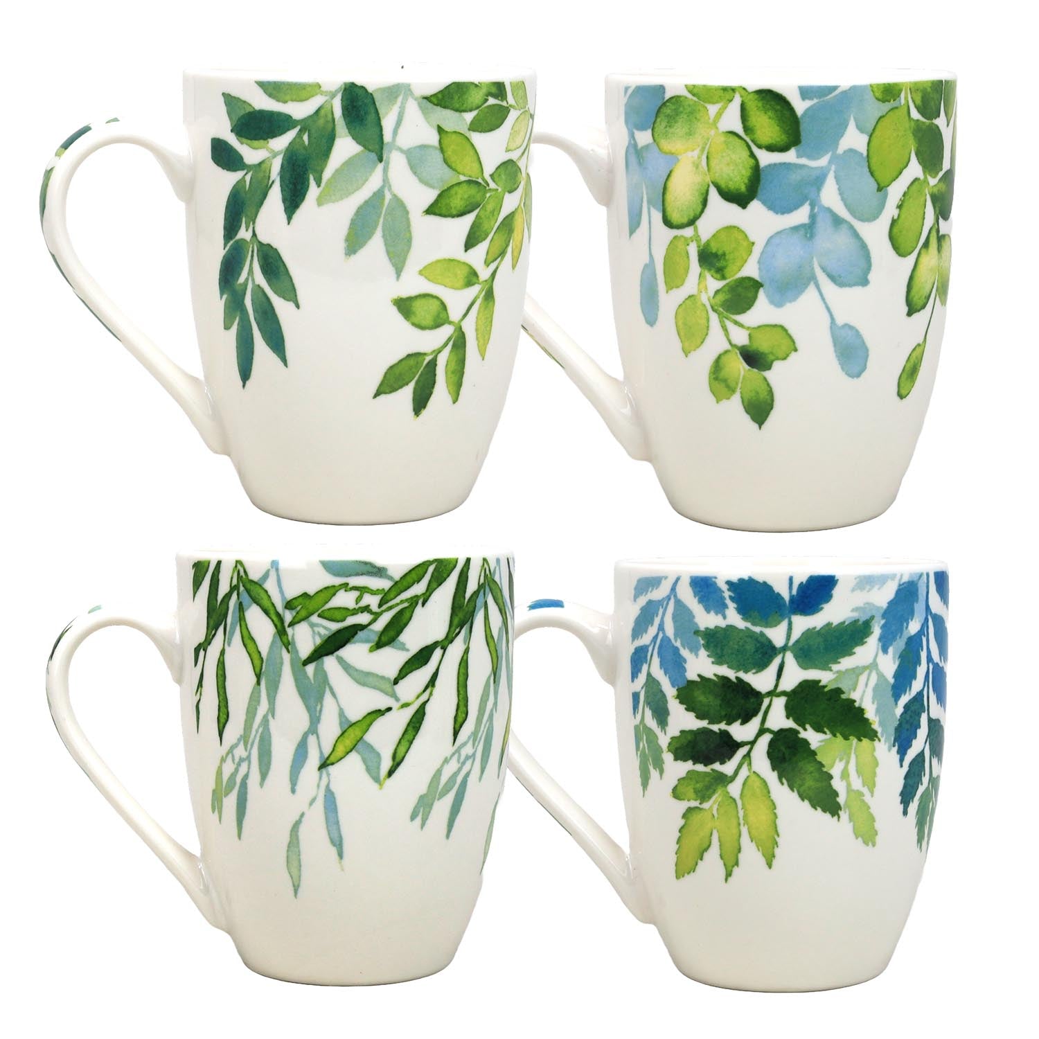 Set of 4 Botanical Ceramic Mug - Green Leaves Print