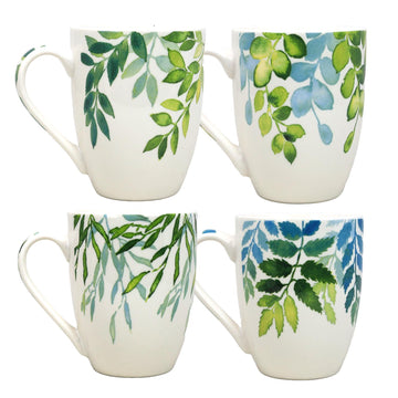 Set of 4 Botanical Ceramic Mug - Green Leaves Print