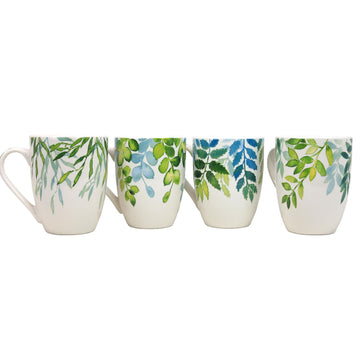 Set of 4 Botanical Ceramic Mug - Green Leaves Print