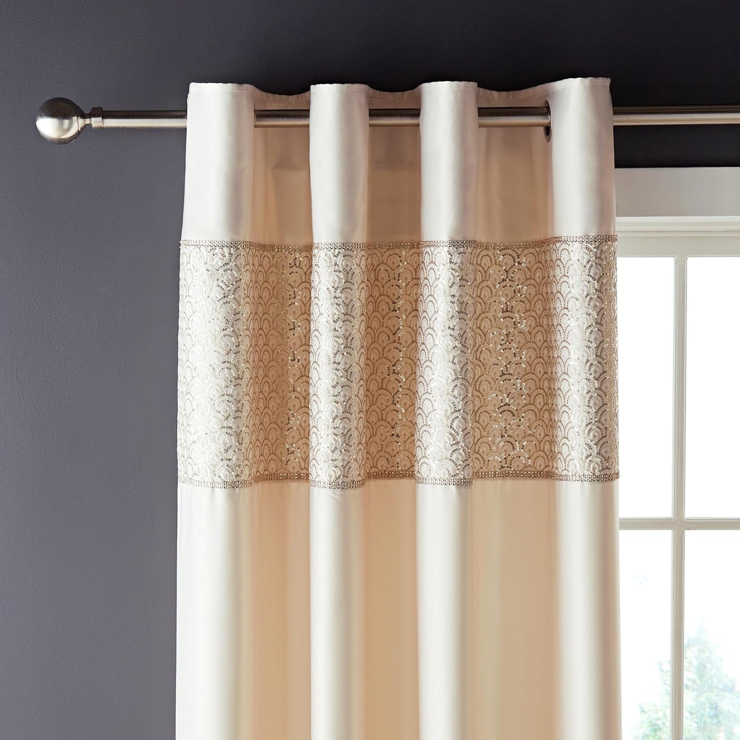 Catherine Lansfield Deco Diamante Fully Lined Eyelet Ring Top Curtains 66" x 90" - Champagne
