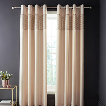 Catherine Lansfield Deco Diamante Fully Lined Eyelet Ring Top Curtains 66" x 90" - Champagne