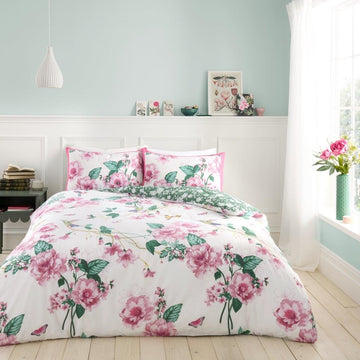 Floral Butterfly Duvet Cover Set, King, Pink & Green