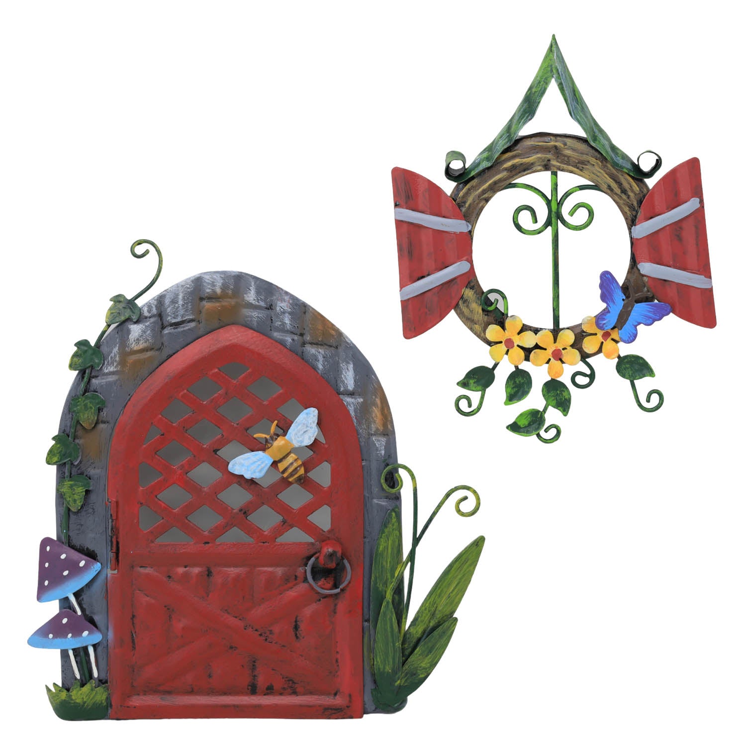 Red Metal Pixie Door & Window Garden Decor