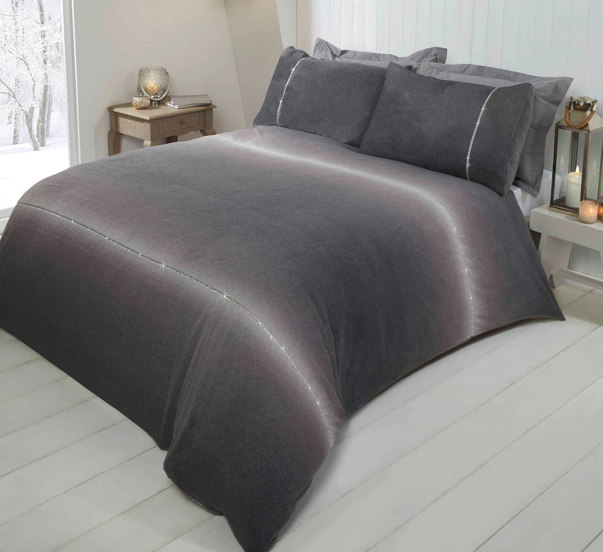 Diamante Charcoal Grey Teddy Fleece Duvet Cover Set, King