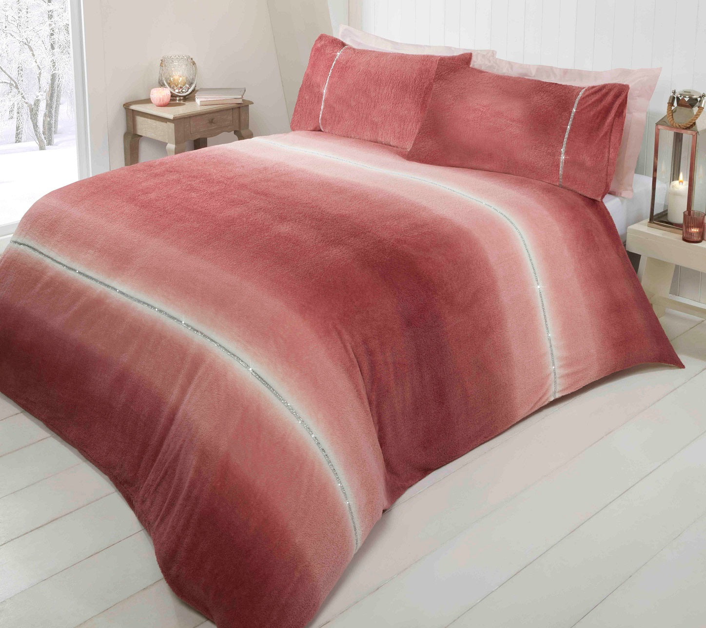 Diamante Blush Pink Teddy Fleece Duvet Cover Set, Double