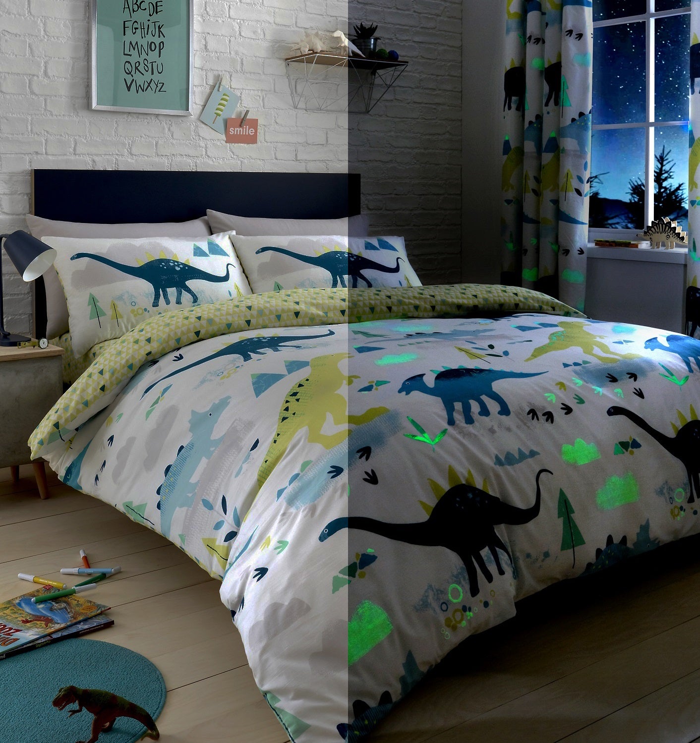Dinosaurs Glow in the Dark Double Duvet Cover Set - New