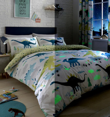Dinosaurs Glow in the Dark Double Duvet Cover Set - New