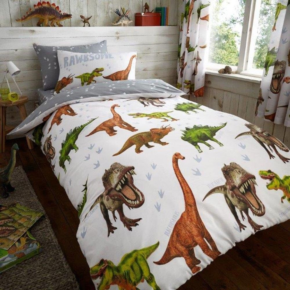 Dinosaur Duvet Cover Set T-Rex Single Bedding Set White Grey