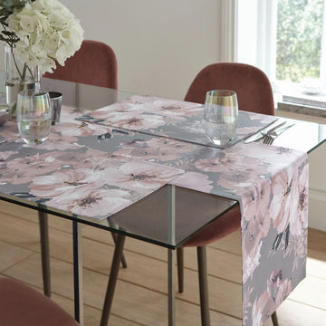 Catherine Lansfield Dramatic Floral Wipe Clean Table Runner 33x220cm - Grey