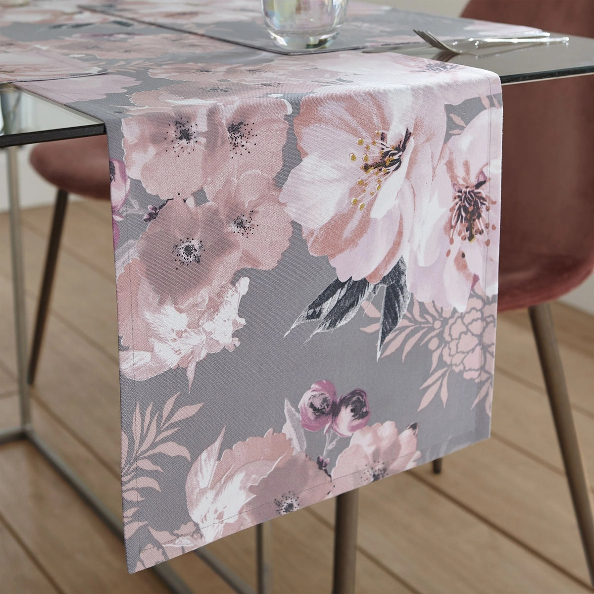Catherine Lansfield Dramatic Floral Wipe Clean Table Runner 33x220cm - Grey