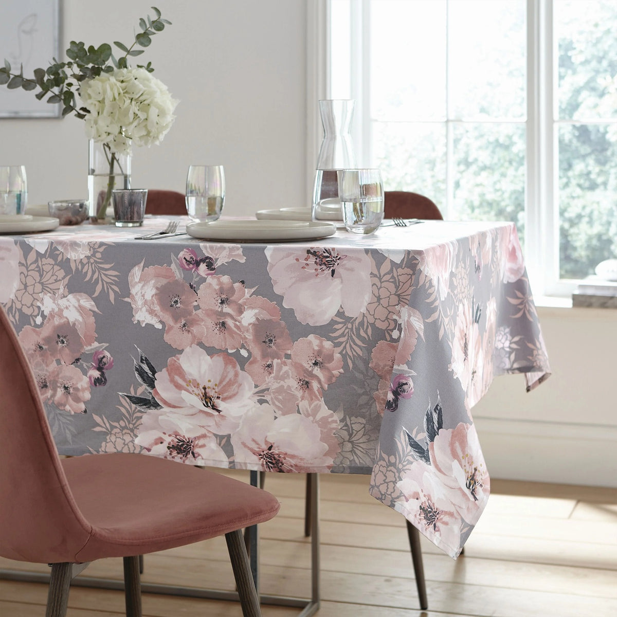 Catherine Lansfield Dramatic Floral Wipe Clean Tablecloth 132x178cm - Grey