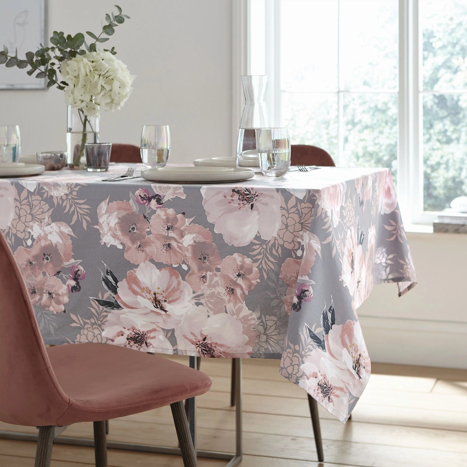 Catherine Lansfield Dramatic Floral Wipe Clean Tablecloth 132x178cm - Grey