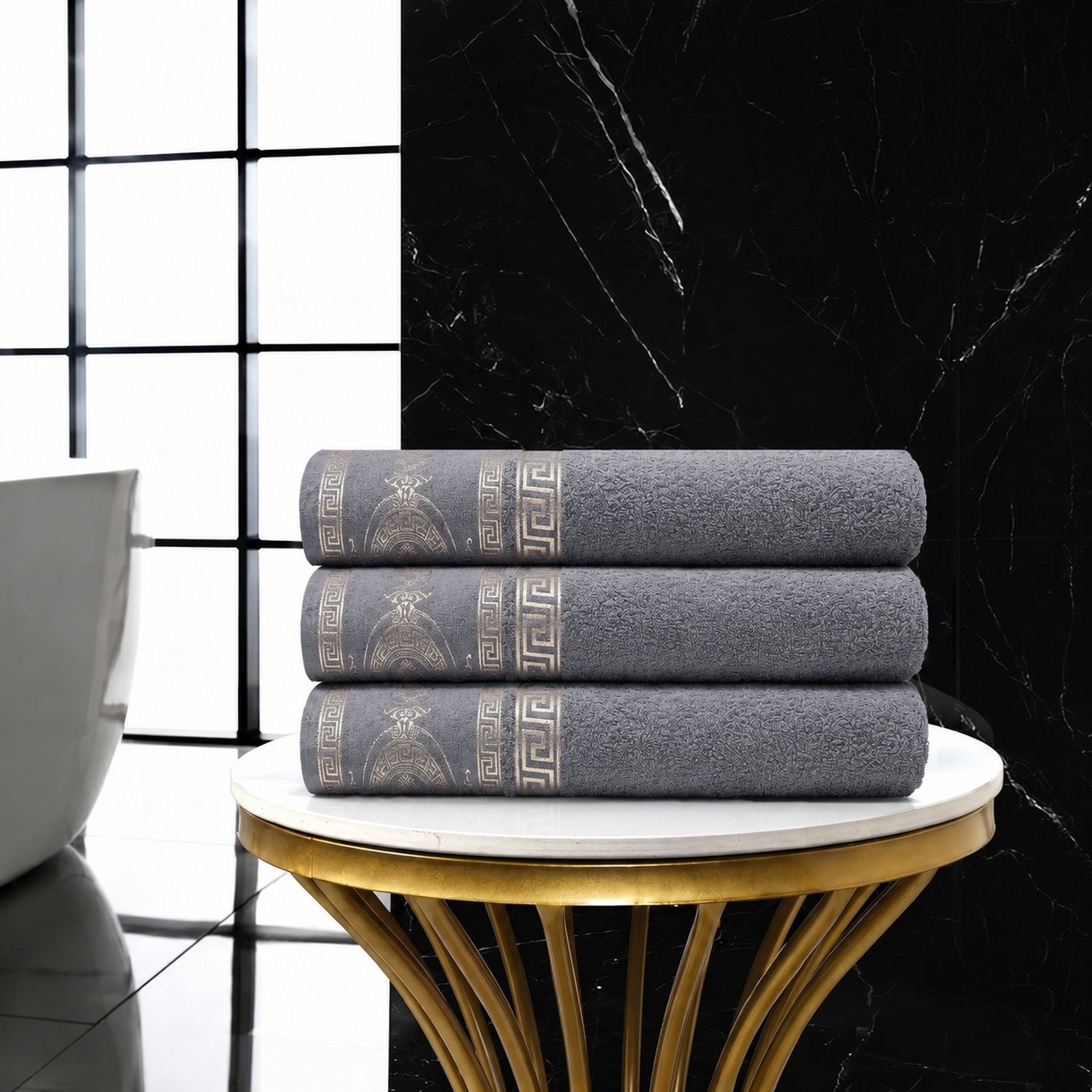 3pk Embroidered Greek Key Bath Sheet Towel - Charcoal & Gold