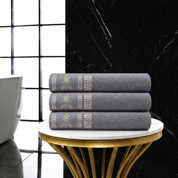 3pk Embroidered Greek Key Bath Sheet Towel - Charcoal & Gold