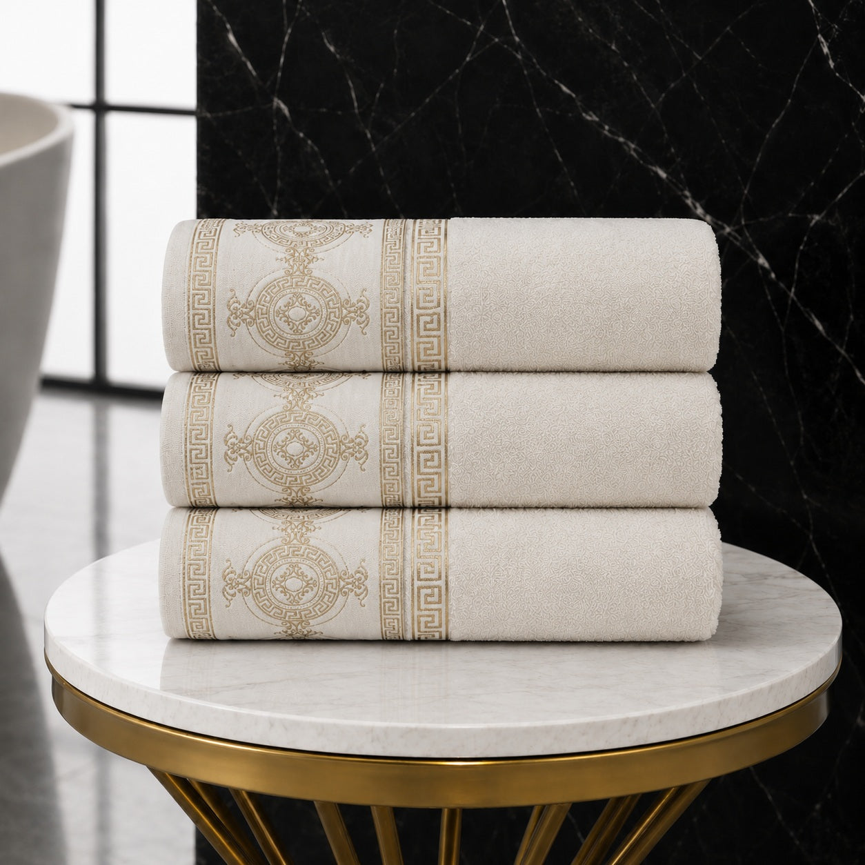 3pk Embroidered Greek Key Bath Sheet Towel - Cream & Gold