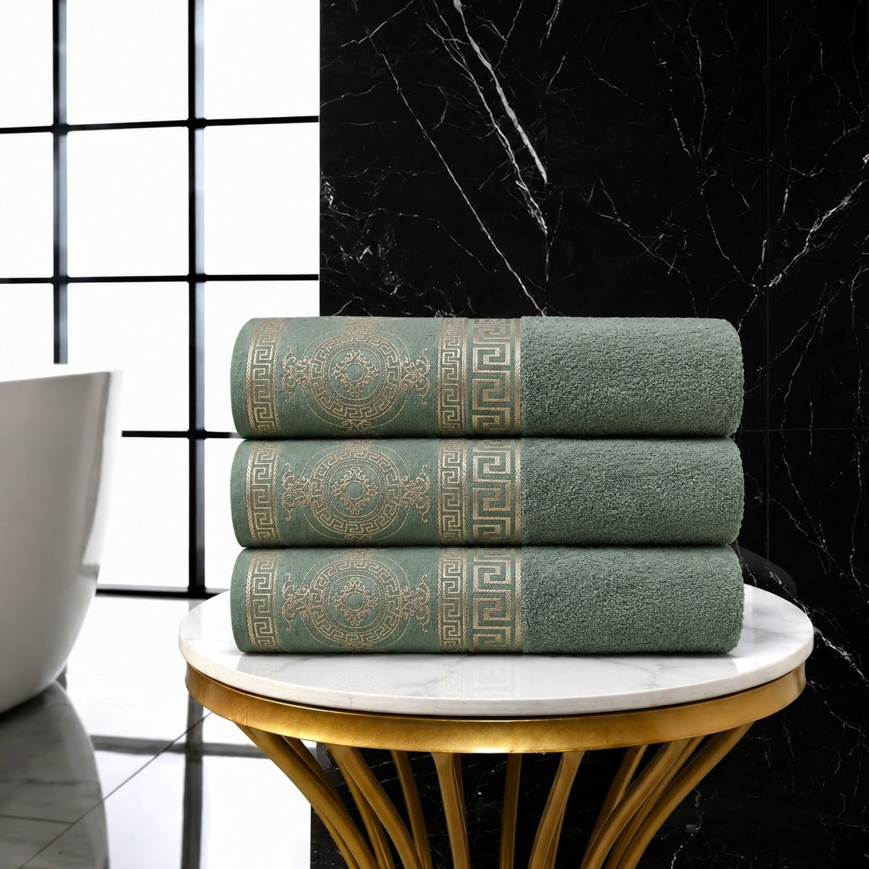 3pk Embroidered Greek Key Bath Sheet Towel - Green & Gold