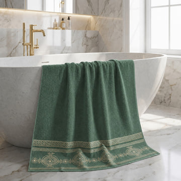 3pk Embroidered Greek Key Bath Sheet Towel - Green & Gold