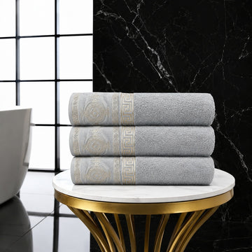 3pk Embroidered Greek Key Bath Sheet Towel - Grey & Gold
