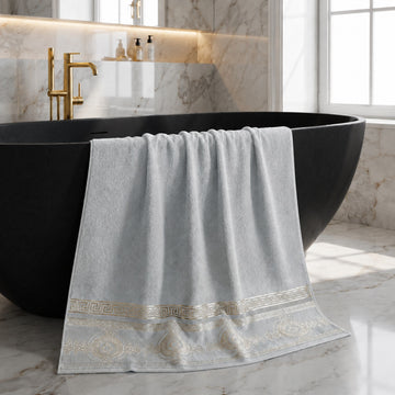 3pk Embroidered Greek Key Bath Sheet Towel - Grey & Gold