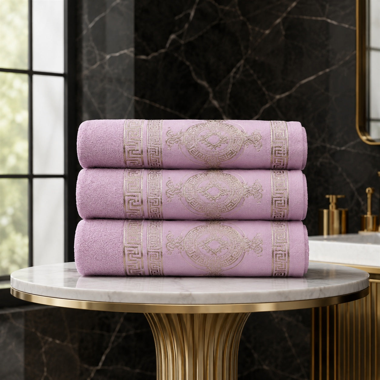 3pk Embroidered Greek Key Bath Sheet Towel - Pink & Gold