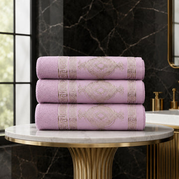 3pk Embroidered Greek Key Bath Sheet Towel - Pink & Gold