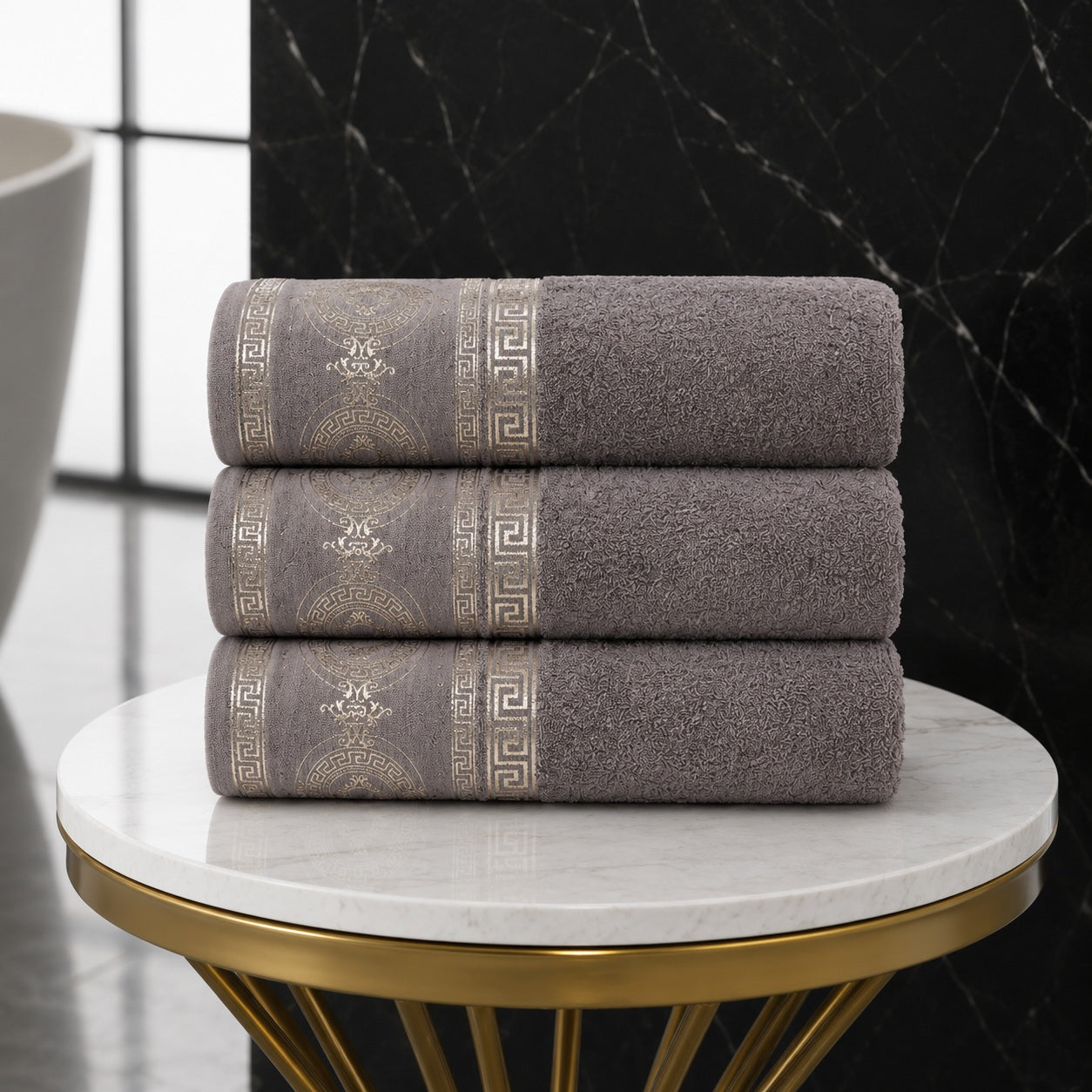 3pk Embroidered Greek Key Bath Sheet Towel - Stone Brown