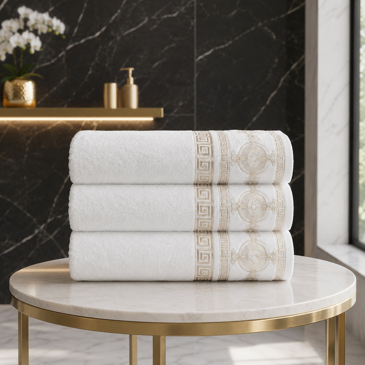 3pk Embroidered Greek Key Bath Sheet Towel - White & Gold