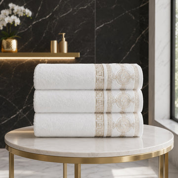 3pk Embroidered Greek Key Bath Sheet Towel - White & Gold